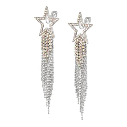EVER FAITH Crystal Long Waterfall Star Tassel Clip-on Earrings for Women | Rhinestone Beaded Fringe Chandelier Dangle Statement Earring, Wedding Party Jewelry - color: Iridescent AB Silver-Tone