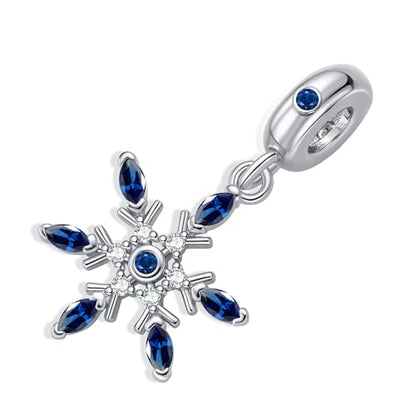 Snowflake Dangle Charm Birthstone Bead Compatible with Pandora Bracelet Women Christmas Gift - color: Deep Bule