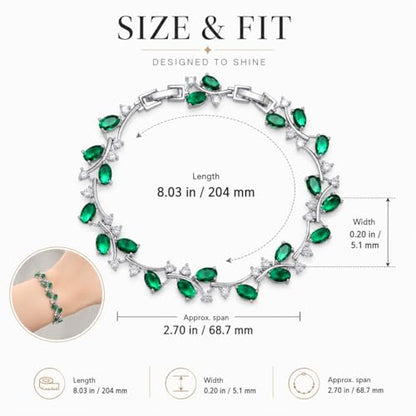 Emerald Green CZ Leaf Vine Tennis Bracelet for Women, Rhodium-Plated Brass, 8" Oval-Cut Cluster Floral Link, 5.1 mm Dainty Sparkle Gift Jewelry