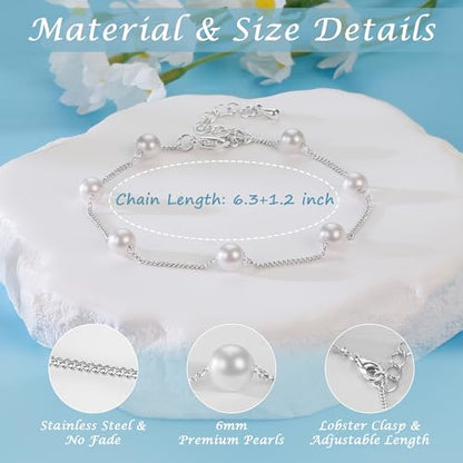 DAYANEY Pearl Bracelets for Women Gold Bracelet Silver Pearl Jewelry | Gold Bracelet Silver Pearl Jewelry Summer Gifts for Girls Dainty Daisy and Heart Bracelets Cute Floral Jewelry for Bridesmaid - style: Silver Pearl