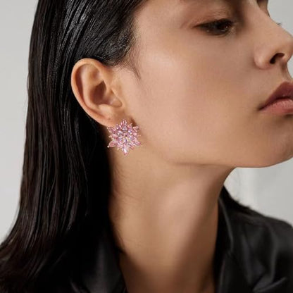 Crystal Flower Burst Stud Earrings Large Big Sparkly CZ Cubic Rhinestone Floral Cluster Flower Stud Earrings Bridal Wedding Party - color: Pink