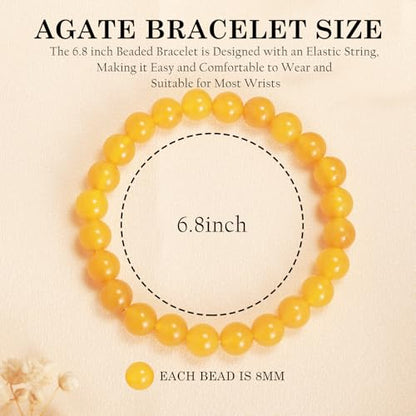 Agate Round Beaded Bracelet for Women Men Natural Agates Stone Healing Bracelets Stretch Elastic Handmade Polished Gemstone Beads Bracelet - color: Yellow, size: 8mm Beads