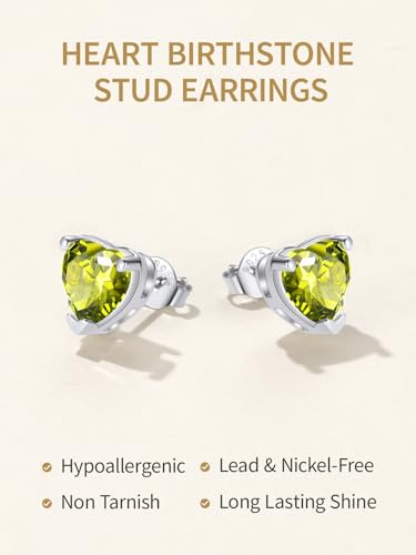 FindChic 2 Carat Birthstone Stud Earrings for Women, Round/Heart/Princess Cut Stud Earrings, Hypoallergenic Studs with 925 Sterling Silver Posts, 12 Months Birthday Jewelry Gift - color: 05. May-Emerald(Heart Cut)