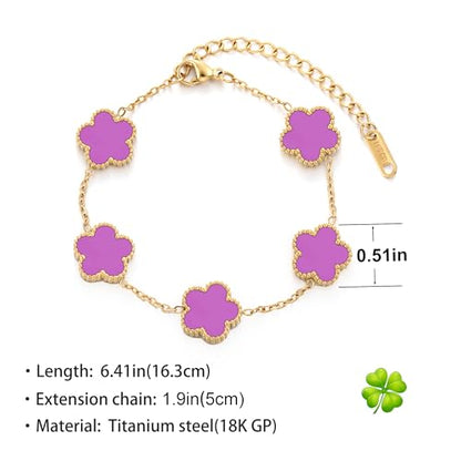 TICVSS Four Leaf Clover Bracelet for Women 18K Gold Plated Stainless Steel Lucky 4 Leaf Gold Link Bracelet Jewelry Gift for Women - color: Purple