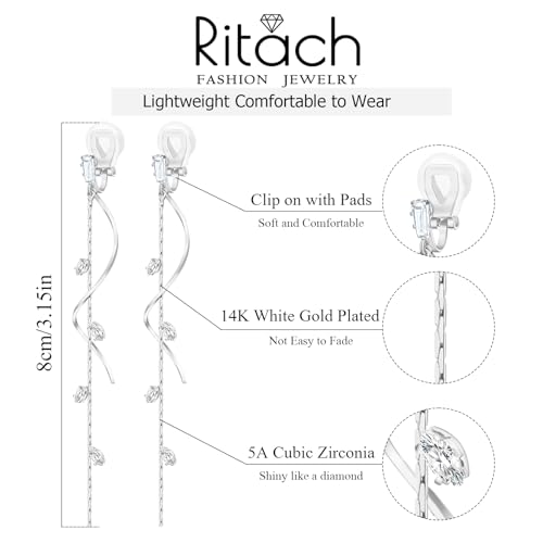 Gold/Silver Clip on Earrings Non Pierced for Women - 14K Gold Plated Long Tasse Drop Dangle Clip Earrings - Cubic Zirconia Leaf Earrings for Women Gold Wedding Jewelry Gifts - color: Silver
