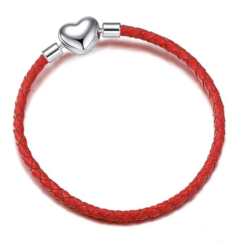 GMXLin Leather Charm Bracelet Heart Snap Clasp Clip Lock Handmade Braided Wristband Compatible with Women Pandora Charm Bead - color: Red
