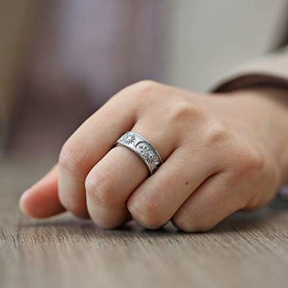 HZMAN 8mm Moon Star Sun Statement Ring Stainless Steel Boho Jewelry for Women Men - color: Steel Color