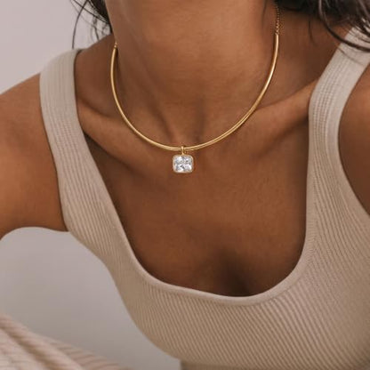 Gold Choker Necklace Dainty 14K Gold Plated Collar Necklace with Cubic Zircon Pendant Necklaces Fashion Minimalist Summer Crystal Collar Necklaces Boho Jewelry - style: CZ Rectangle