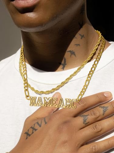 GoldChic JEWELRY Name Necklace Personalized for Men, Womens Custom Name Plate Chain, Stainless Steel Customized Old English Nameplate Choker with Curb Chains Custom, 16 inches to 30 inches - color: Figaro Chain 6 mm - Gold