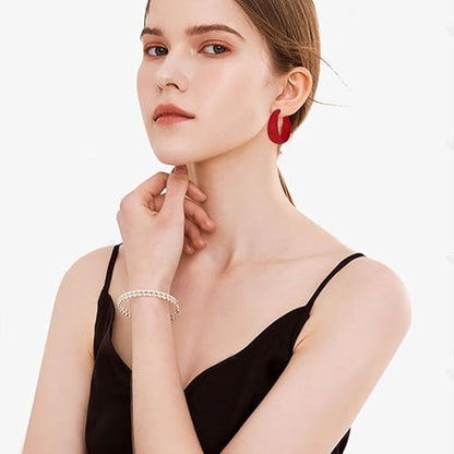 Anmpab Large Matte Round Hoop Earrings for Women Retro Geometric Pierced Neon Color Circle Dangle Earrings Party Jewelry - color: Red