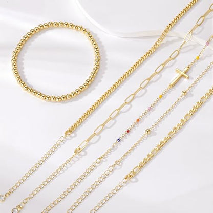 M MOOHAM Gold Bracelets Set for Women No Tarnish | 14K Gold Plated, Dainty Stackable Bracelets Stack for Women, Herringbone Paperclip Rope Cuban Chain Bracelet Set Stack - color: 5.Cross Beaded Set