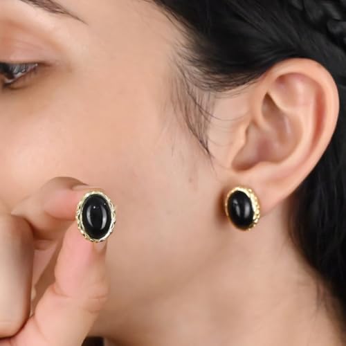 Gempires Bold Oval Gemstone Stud Earrings for Women – Natural Healing Stone Jewelry 14K Gold-Plated Hypoallergenic Tarnish-Resistant – Bold Statement Studs Gift for Her - style: Black Onyx
