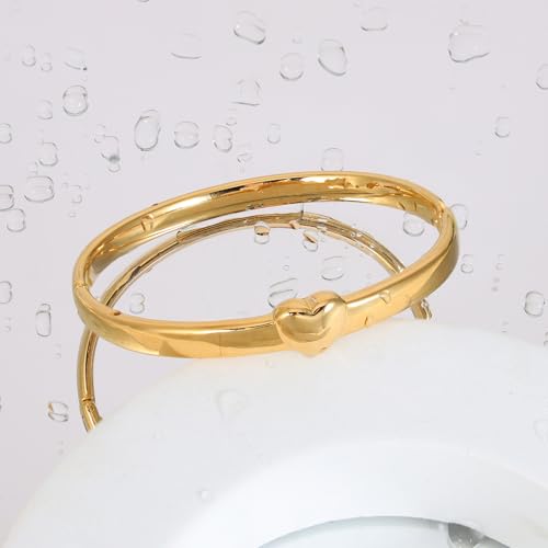 Stainless Steel Gold Bracelet Plain Polished Finish Oval Bangle Chinky Thick Bracelets for Women Love Heart Shape Charms Pendnat Bracelet Cuff Gifts for Her