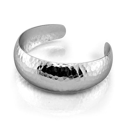 Dankadi 925 Sterling Silver Polished Hammered Bangle for Women Wide Cuff Groove Open Bracelet Adjustable Handmade Jewelry Gift
