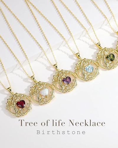 FANCIME Tree of life Birthstone necklace Sterling Silver Pendant Birthstone Necklace Gemstone Anniversary Birthday Jewelry Mothers Day Gifts for Mom Her Wife - color: Yellow gold-10-opal