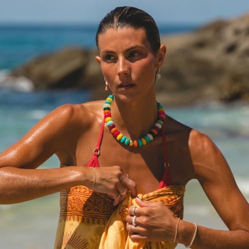 Chunky Beaded Necklace for Women Boho Statement Bead Necklace Adjustable Choker with Polished Disc/Square Beads Trendy Summer Beach Jewelry Gifts - color: Colorful