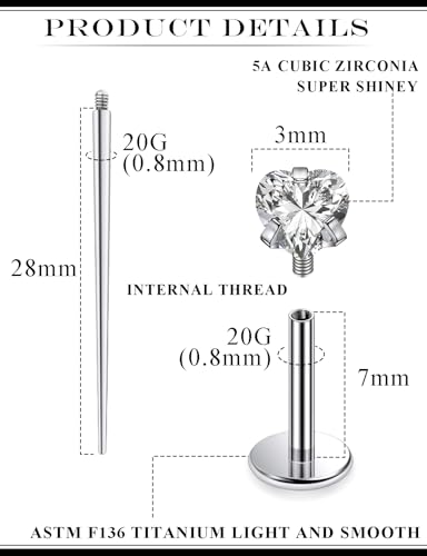20G 18G 16G Astm F136 Titanium Internal Thread Flat Back Earrings Nose Studs Tragus Helix Conch Cartilage Lobe Earrings Medusa Labret Snake Bite Monroe Lip Ring Piercing Jewelry For Women Men - color: Clear, size: 20G-7MM Bar-CZ 3MM
