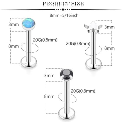 Threadless Noses Rings, Flat Back Earrings, 20/18/16g-Gauge 5/16in-Post 3mm-Top, Hypoallergenic Surgical Steel Medusa Lip Labret Cartilage Helix Tragus Conch Piercing Jewelry for Women Men - color: Blue, size: 20g*8mm