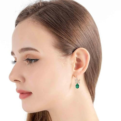 Austrian Crystal Teardrop Butterfly Drop Dangle Earrings for Women 14K Rose Gold Plated Hypoallergenic Jewelry - color: Emerald