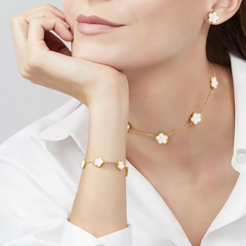 Gold Necklaces Bracelets Earring Set - 18K Gold Plated Flower Bracelet Chain,Stainless Steel Non Tarnish Floral Pendant Stud Jewelry Sets,Christmas Birthday Lucky Gift for Mom Wife Daughter Girlfriend - color: White