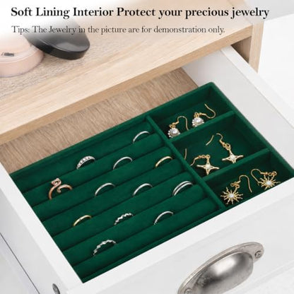Jewelry Box Insert Organizer for Drawer Stackable Velvet Trays 8.3 x 4.9in | Jewelry Drawer Inserts, Ring Earring Stud Necklace Holder Display Storage Case(Green) - color: Green