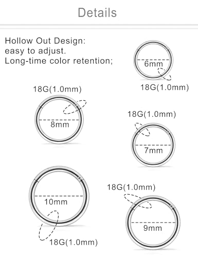10PCS 20G/18G Surgical Steel Hinged Clicker Segment Nose Rings Hoops Septum Lip Ring Hoop Cartilage Tragus Helix Sleeper Earrings Piercing Jewelry for Women Men 6mm 7mm 8mm 9mm 10mm - color: 18g,6/7/8/9/10mm,slivertone