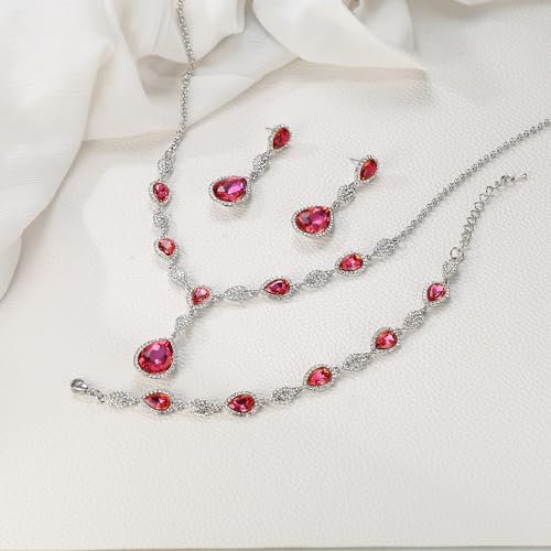 EleQueen Women's Wedding Bridal Jewelry Sets for Brides Bridesmaids, Cubic Zirconia Teardrop Necklace Tennis Bracelet Dangle Earrings Jewellery Set - color: 08-Pink Color Clear-Tone