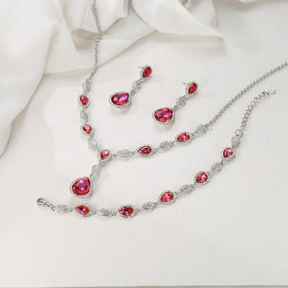 EleQueen Women's Wedding Bridal Jewelry Sets for Brides Bridesmaids, Cubic Zirconia Teardrop Necklace Tennis Bracelet Dangle Earrings Jewellery Set - color: 08-Pink Color Clear-Tone