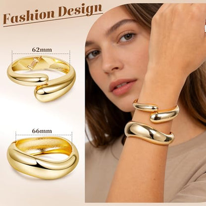 Chunky Gold Bangles Bracelets for Women, 14k Gold Plated Hinged Big Stackable Bangles Set, Trendy Wide Statement Cuff Bracelets Stack Fashion Jewelry Gifts - color: Gold-4pcs-Styles-1