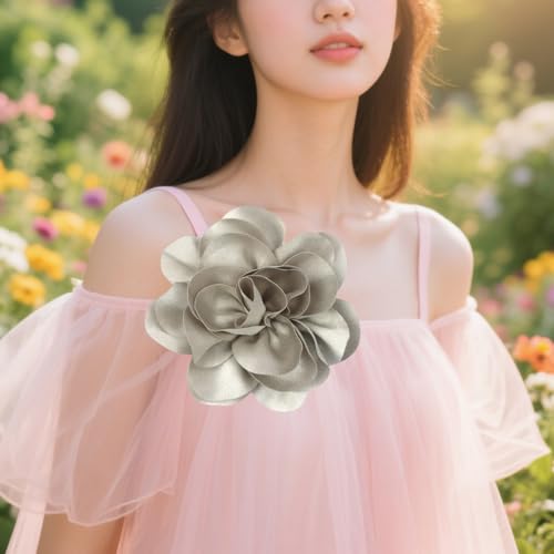 Large Rose Flower Brooches Chiffon Camellia Brooch Lapel Pins Hair Clips Hat Pins for Women Wedding Banquet Accessories Large Satin Flowers 5.5in - color: Grey