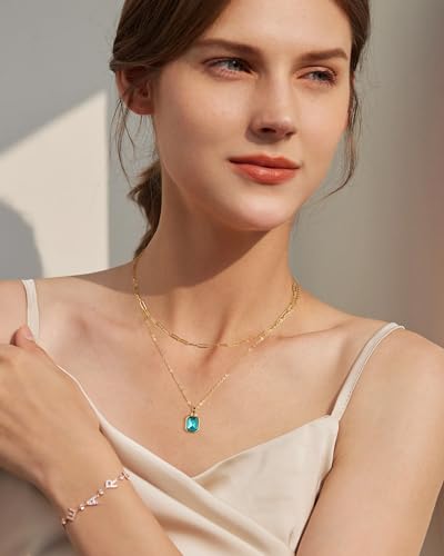 Gold Layered Necklaces for Women, 18k Gold Plated Crystal Necklace Paperclip Choker Emerald Green Jewelry for Women Gifts - color: Sea Blue