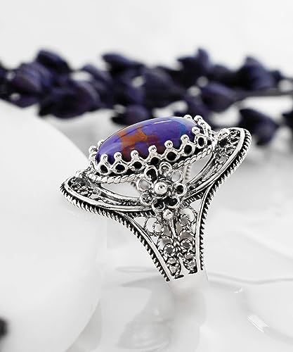 Filigranist 925 Sterling Silver Handcrafted Filigree Art Flower Pattern Woman Oval Statement Ring, Gift Boxed - color: Mojave Turquoise