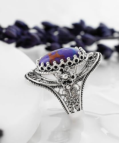 Filigranist 925 Sterling Silver Handcrafted Filigree Art Flower Pattern Woman Oval Statement Ring, Gift Boxed - color: Mojave Turquoise