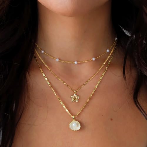 Charm Necklaces for Women,14k Gold Plated Waterproof Dainty Choker Necklace Summer Seashell Pearl Beach Cute Necklaces Set Fashion Jewelry Gift - style: Tropical