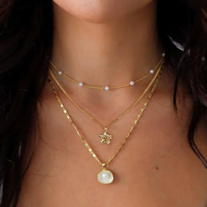 Charm Necklaces for Women,14k Gold Plated Waterproof Dainty Choker Necklace Summer Seashell Pearl Beach Cute Necklaces Set Fashion Jewelry Gift - style: Tropical
