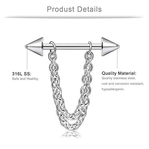 Ruifan Surgical Steel Nipple Shield Rings Tongue Barbell Piercing Jewelry Retainer 14G 5/8Inch Chain Dangle Clear CZ For Women Men 2-20PCS - color: 20PCS - Silver