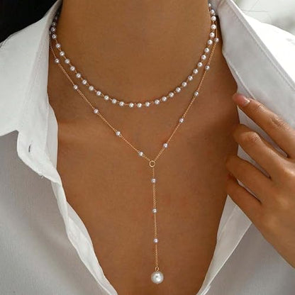 Layered Pearl Necklaces for Women 14K Gold Plated Trendy Faux Pearl Drop Y Necklace Dainty Pearl Choker Gold Layering Necklace,Jewelry Gift for Her,Mother,Wife,Girlfriend - style: Pearl Y Necklace