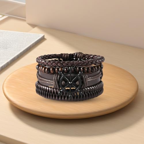 GORGECRAFT Handmade PU Leather Bracelets Flat Round Braided Cuff Bangle Multi Layers Wood Beads Wrap Bracelet - style: Brown Anchor Weave