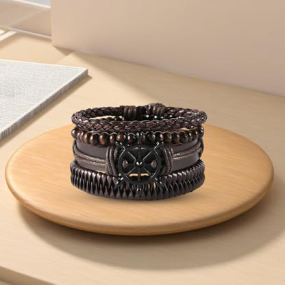 GORGECRAFT Handmade PU Leather Bracelets Flat Round Braided Cuff Bangle Multi Layers Wood Beads Wrap Bracelet - style: Brown Anchor Weave