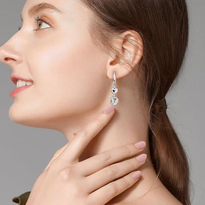 Heart Earrings for Women Girls-Sterling Silver Heart Dangle Hoop Earrings with Charm Love Huggie Hoop Earrings Hypoallergenic Delicate Jewelry Gifts for Women Girls Birthday - color: CZ Double Heart Earrings