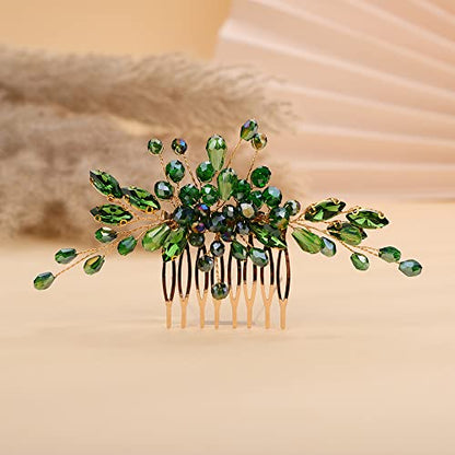 Teyglen Rhinestone Wedding Headpieces Bridal Green Crystal Hair Comb Hair Accessories for Bride Handmade Red Black Blue Hair Pieces for Women Girls(Green) - color: Green