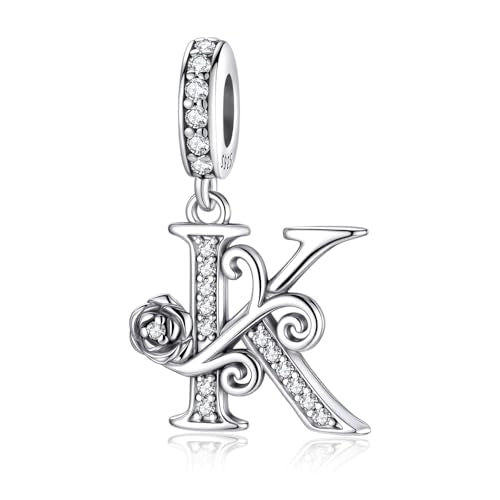 LNQOBU Complete A~Z Alphabet Charm Letter Beads, Solid 925 Sterling Silver with Cubic Stones Rose Alphabet Charm fits Pandora Bracelets Necklace Women Jewelry - color: CYT-K