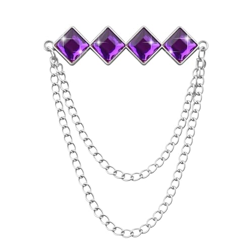 Gem Brooch Pins Hanging Chain Lapel Pin for Men Suits Metal Tassel Chain Collar Pins Suit Brooch Vintage Crystal Rhinestone Brooches for Men Wedding Business Prom Party - color: Purple-J