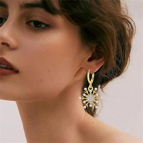 Dreuyet Snowflake Earring and Necklace Set for Women Clear Cubic Zirconia Sparkle Snowflake Hoop Earrings Silver Christmas Snowflake Pearl Earrings Winter Holiday Women Wife Jewelry Gift - color: Gold