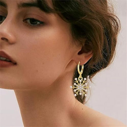 Dreuyet Snowflake Earring and Necklace Set for Women Clear Cubic Zirconia Sparkle Snowflake Hoop Earrings Silver Christmas Snowflake Pearl Earrings Winter Holiday Women Wife Jewelry Gift - color: Gold