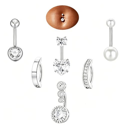 Hypoallergenic Belly Button Ring for Women | 14G, Stainless Steel, Gold Heart CZ Beaded Ball Pearl Belly Ring Stack, Curved Navel Belly Button Piercing Body Jewelry, 9PCS - color: 6PCS-Silver Plated