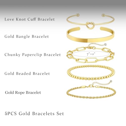 HERIER Gold Bracelets for Women 18k Gold Plated Bracelet Stack Bangle Cuff Bracelet Set for Women Non Tarnish Beaded/Paperclip/Cuban Link Chain Bracelets Jewelry for Women Trendy - style: Bangle Rope5-Gold