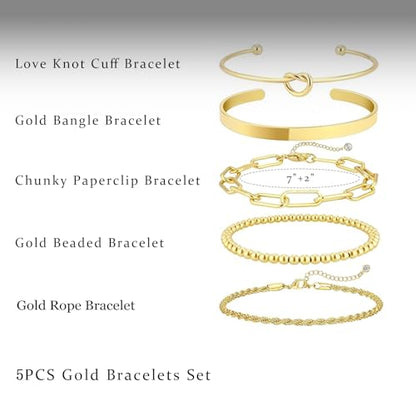 HERIER Gold Bracelets for Women 18k Gold Plated Bracelet Stack Bangle Cuff Bracelet Set for Women Non Tarnish Beaded/Paperclip/Cuban Link Chain Bracelets Jewelry for Women Trendy - style: Bangle Rope5-Gold