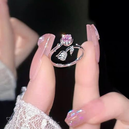 Adjustable Leaf Stackable Rings for Women Cubic Zirconia Stones Blue Leaves Purple Flower Open Band Stacking Finger Sliver Rings Fashion Plant Floral Aesthetic CZ Jewelry - color: rose flower