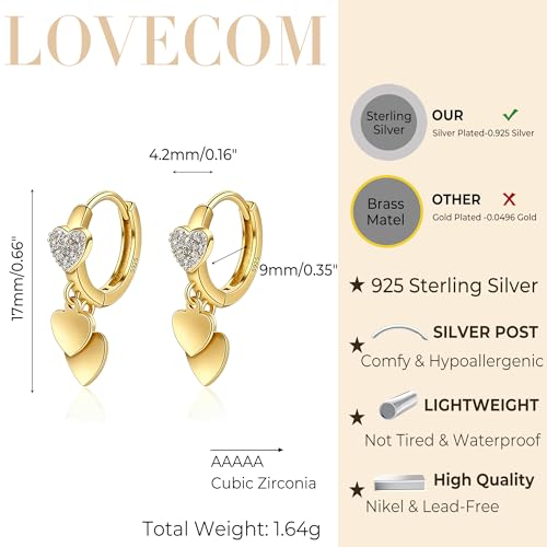 LOVECOM 925 Sterling Silver Heart Dangle Earrings for Women 14K Gold Plated Dainty CZ Love Hearts Charm Huggie Hoop Earrings to Daughter Birthday Wedding Graduation Gifts Jewelry Gifts - color: Glod
